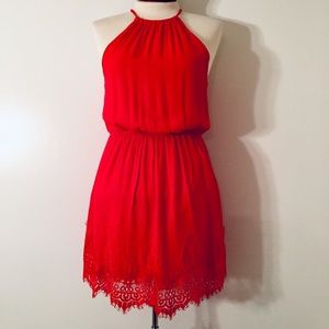 Lulu’s | Vibrant Red Lace Trim Dress  (S)